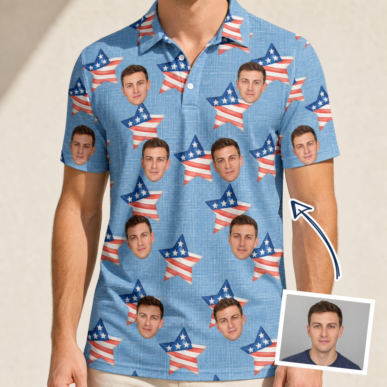 Man wearing Men's Stellar Standard Custom Face Polo Shirt — custom faces printed all-over