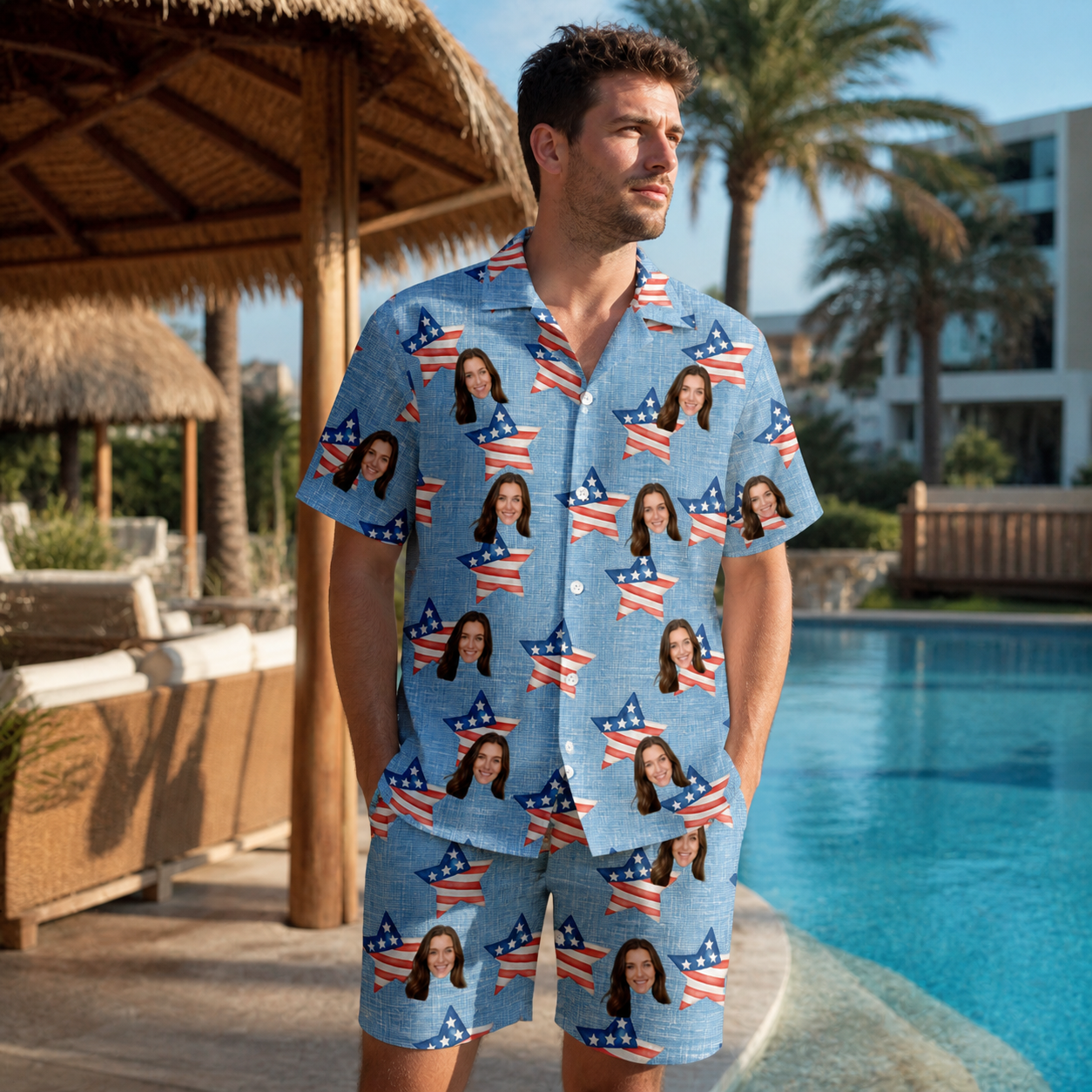 Real-life photo of someone wearing Men's Stellar Standard Custom Face Shirt & Shorts Set — custom faces printed all-over