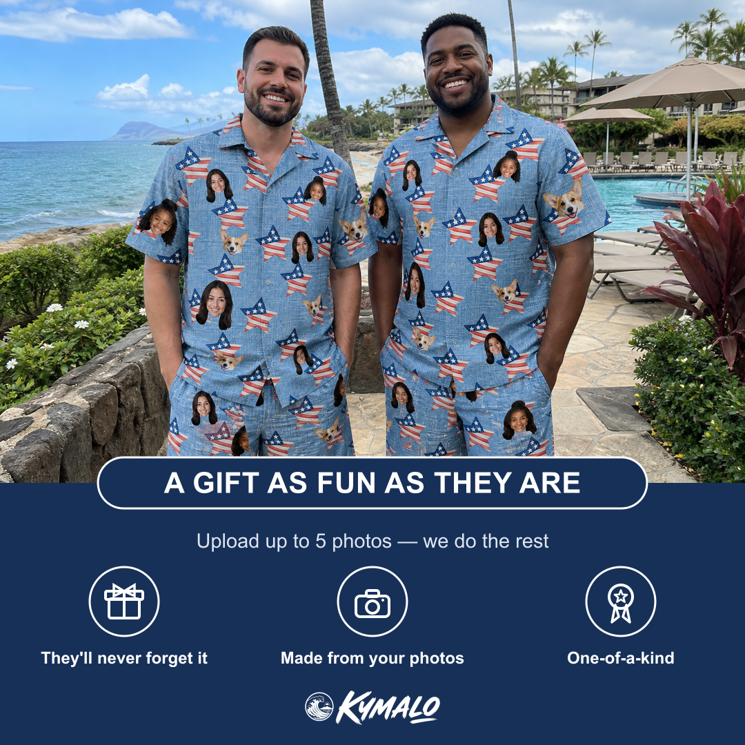 Friends in matching Men's Stellar Standard Custom Face Shirt & Shorts Set — a group gift photo