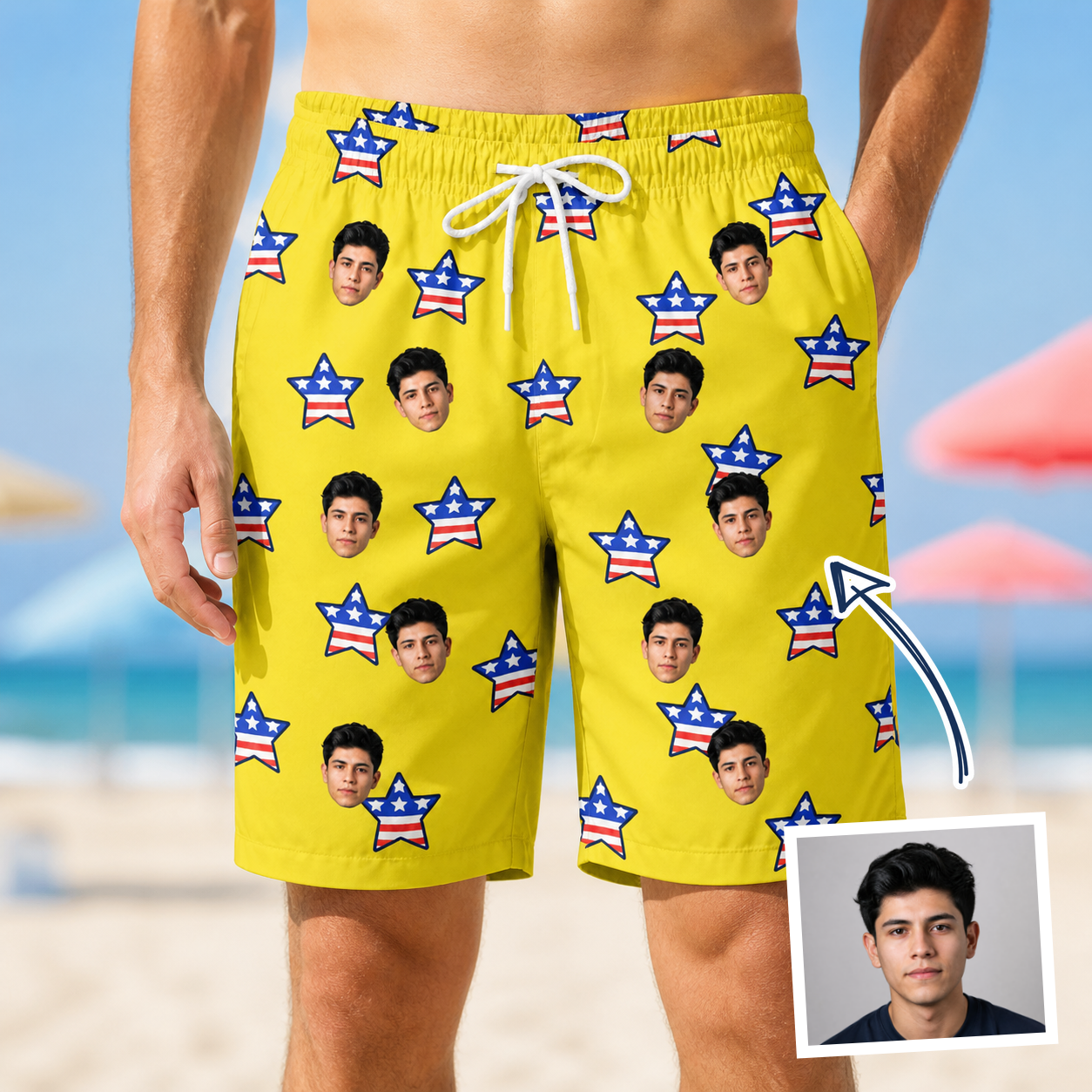 Man wearing Men's Liberty Stripe Custom Face Beach Shorts — custom faces printed all-over