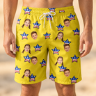 Model wearing Men's Liberty Stripe Custom Face Beach Shorts printed with kids' faces