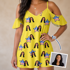 Woman wearing Women's Liberty Stripe Custom Face Off-Shoulder Dress — custom faces printed all-over