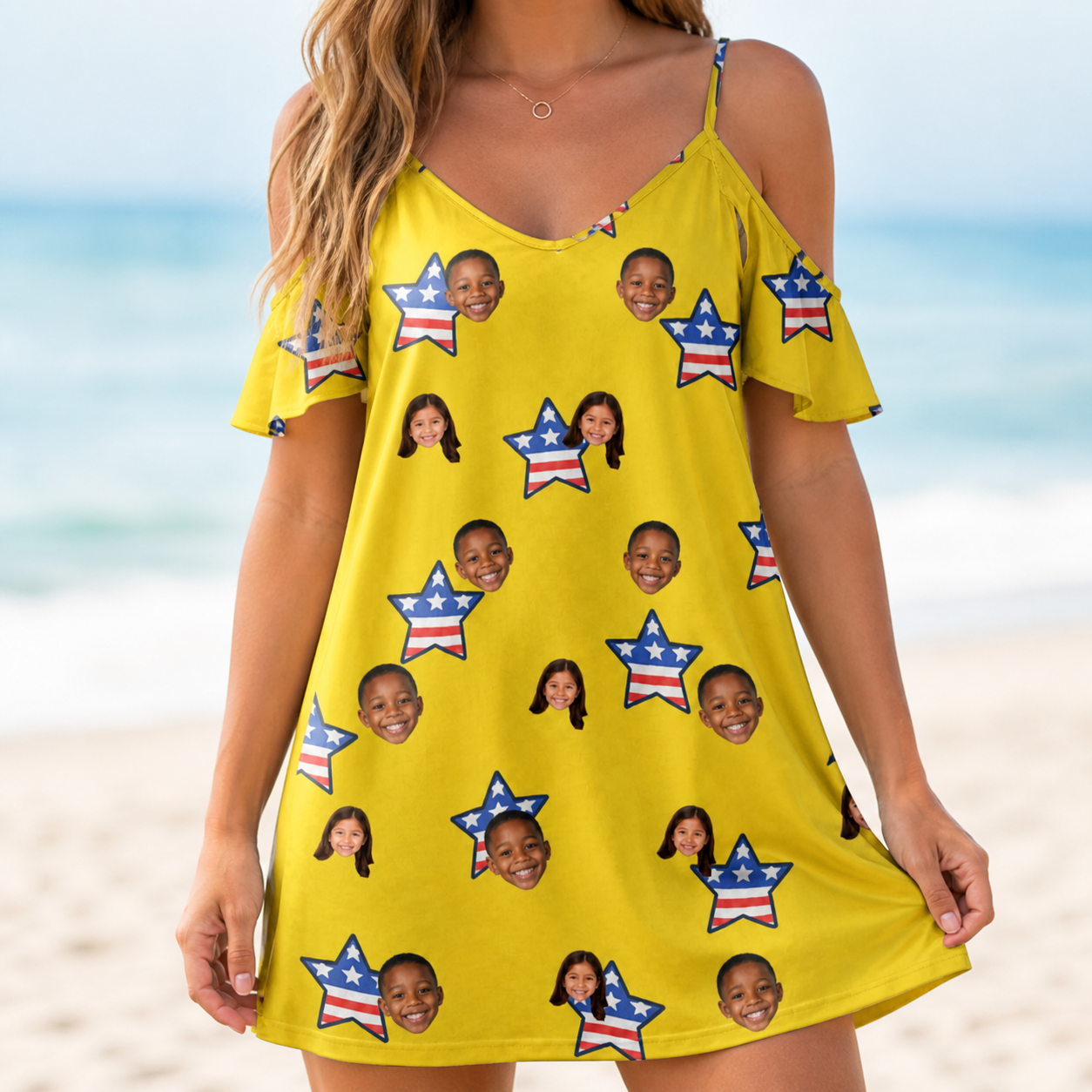 Model wearing Women's Liberty Stripe Custom Face Off-Shoulder Dress printed with kids' faces