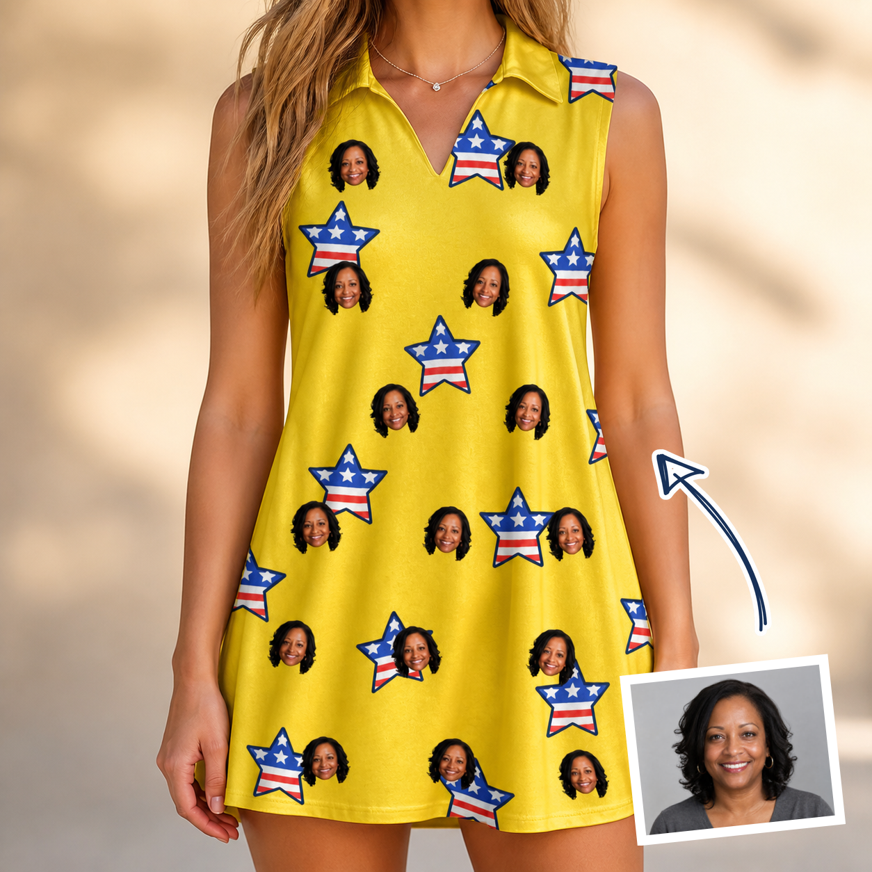 Woman wearing Women's Liberty Stripe Custom Face V-Neck Dress — custom faces printed all-over