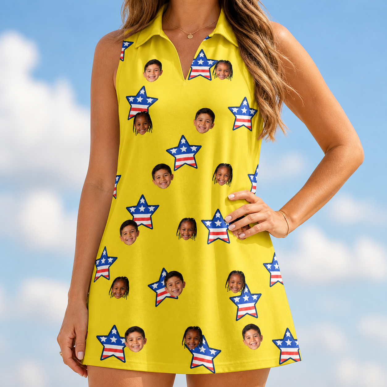 Model wearing Women's Liberty Stripe Custom Face V-Neck Dress printed with kids' faces