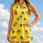 Model wearing Women's Liberty Stripe Custom Face V-Neck Dress printed with kids' faces
