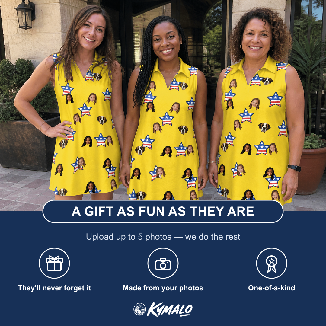 Friends in matching Women's Liberty Stripe Custom Face V-Neck Dress — a group gift photo
