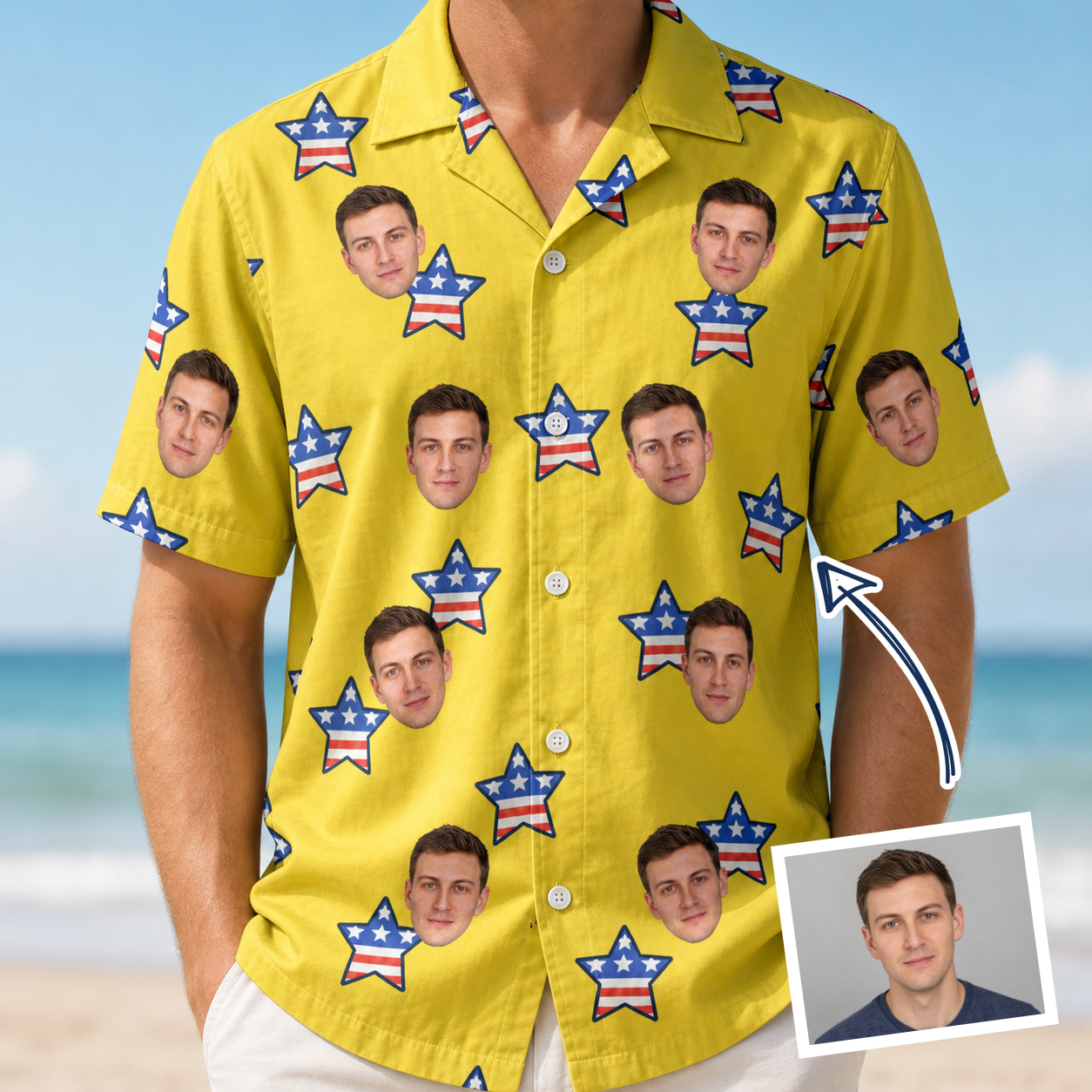 Man wearing Men's Liberty Stripe Custom Face Hawaiian Shirt — custom faces printed all-over