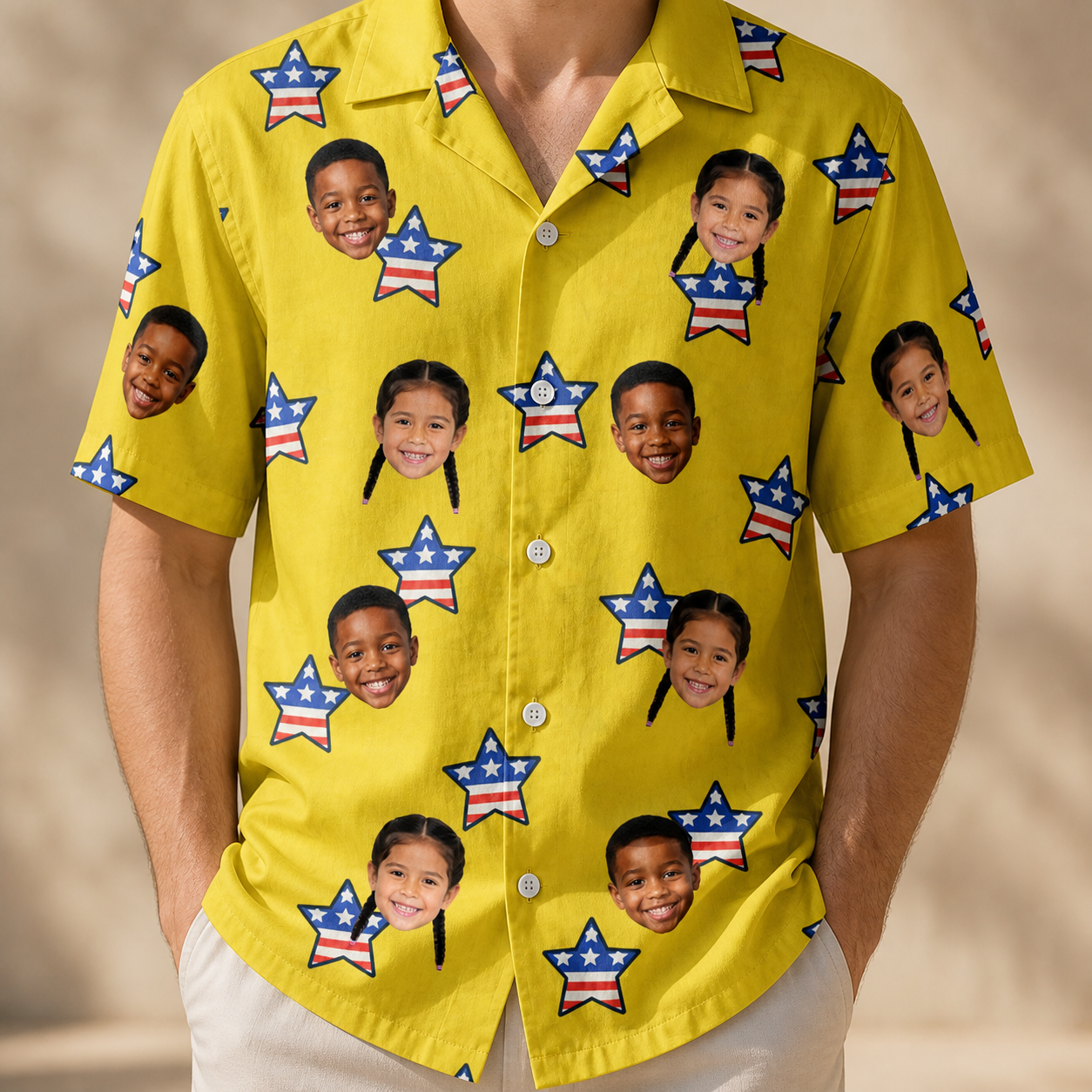Model wearing Men's Liberty Stripe Custom Face Hawaiian Shirt printed with kids' faces