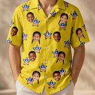 Model wearing Men's Liberty Stripe Custom Face Hawaiian Shirt printed with kids' faces