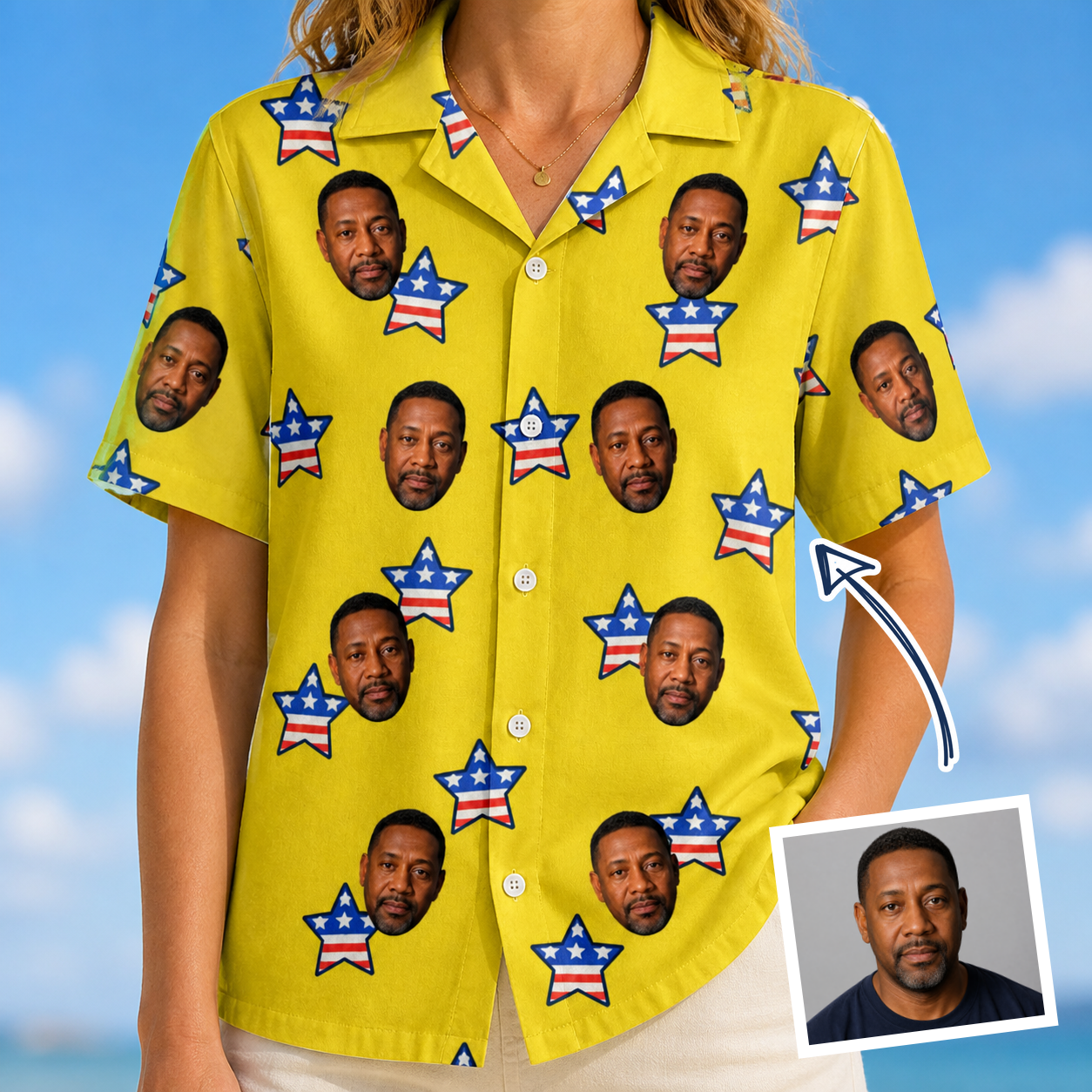 Woman wearing Women's Liberty Stripe Custom Face Hawaiian Shirt — custom faces printed all-over