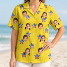 Model wearing Women's Liberty Stripe Custom Face Hawaiian Shirt printed with kids' faces