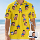 Man wearing Men's Liberty Stripe Custom Face Polo Shirt — custom faces printed all-over