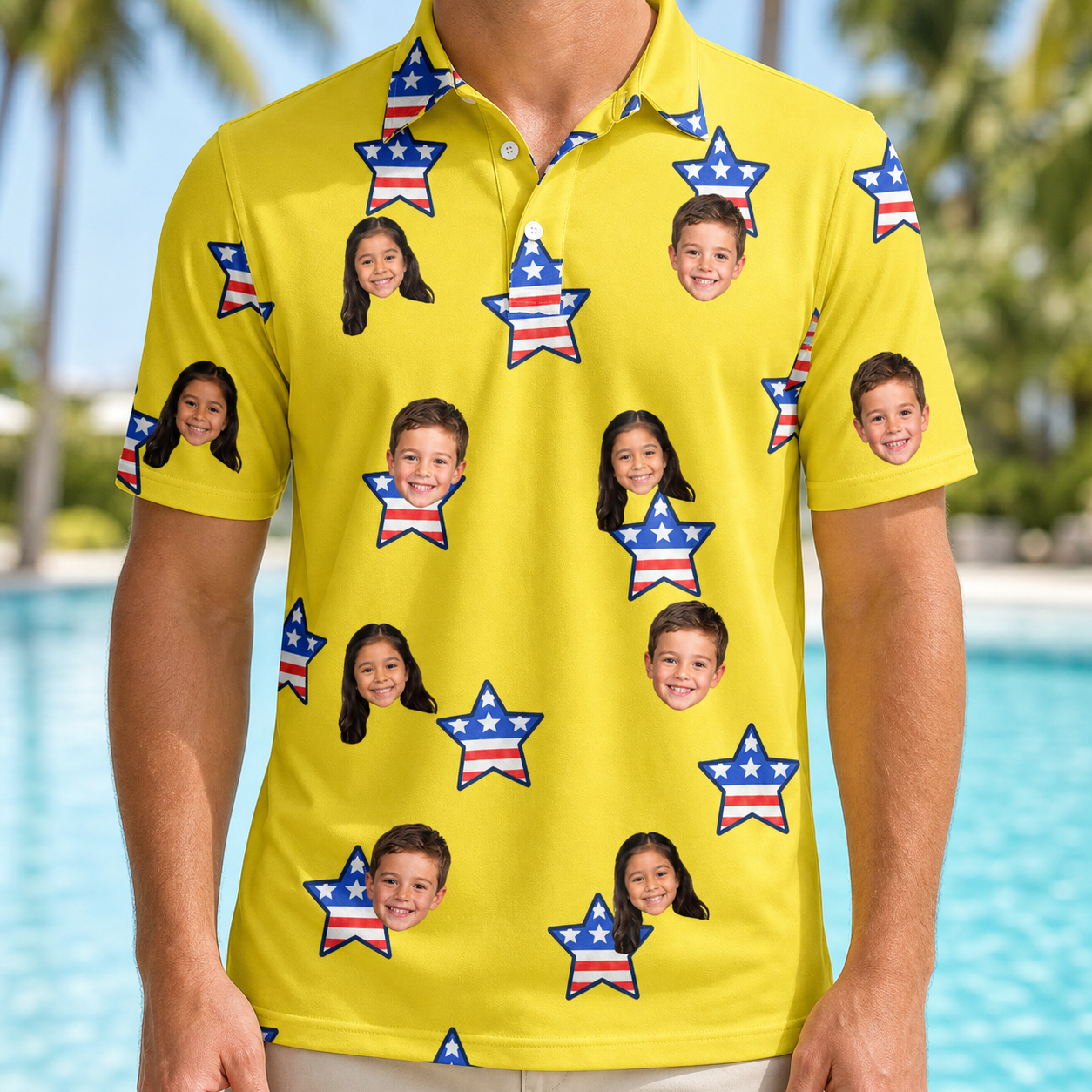Model wearing Men's Liberty Stripe Custom Face Polo Shirt printed with kids' faces