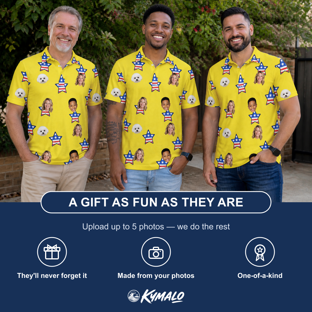 Friends in matching Men's Liberty Stripe Custom Face Polo Shirt — a group gift photo