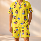 Model wearing Men's Liberty Stripe Custom Face Shirt & Shorts Set printed with kids' faces