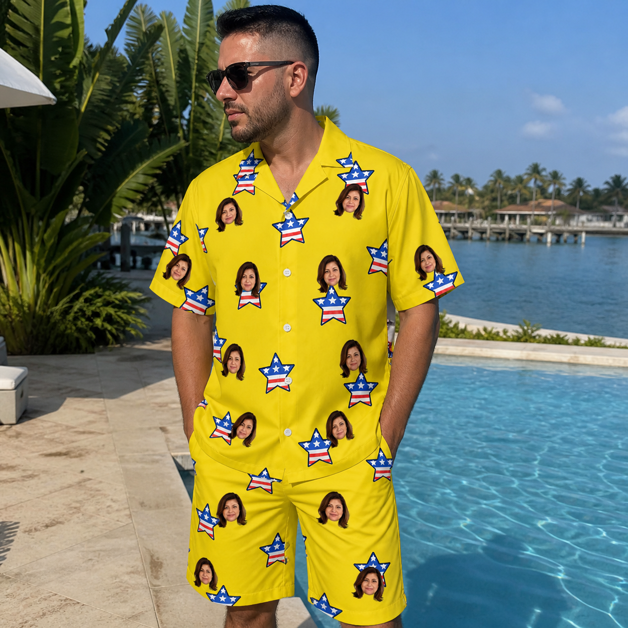 Real-life photo of someone wearing Men's Liberty Stripe Custom Face Shirt & Shorts Set — custom faces printed all-over