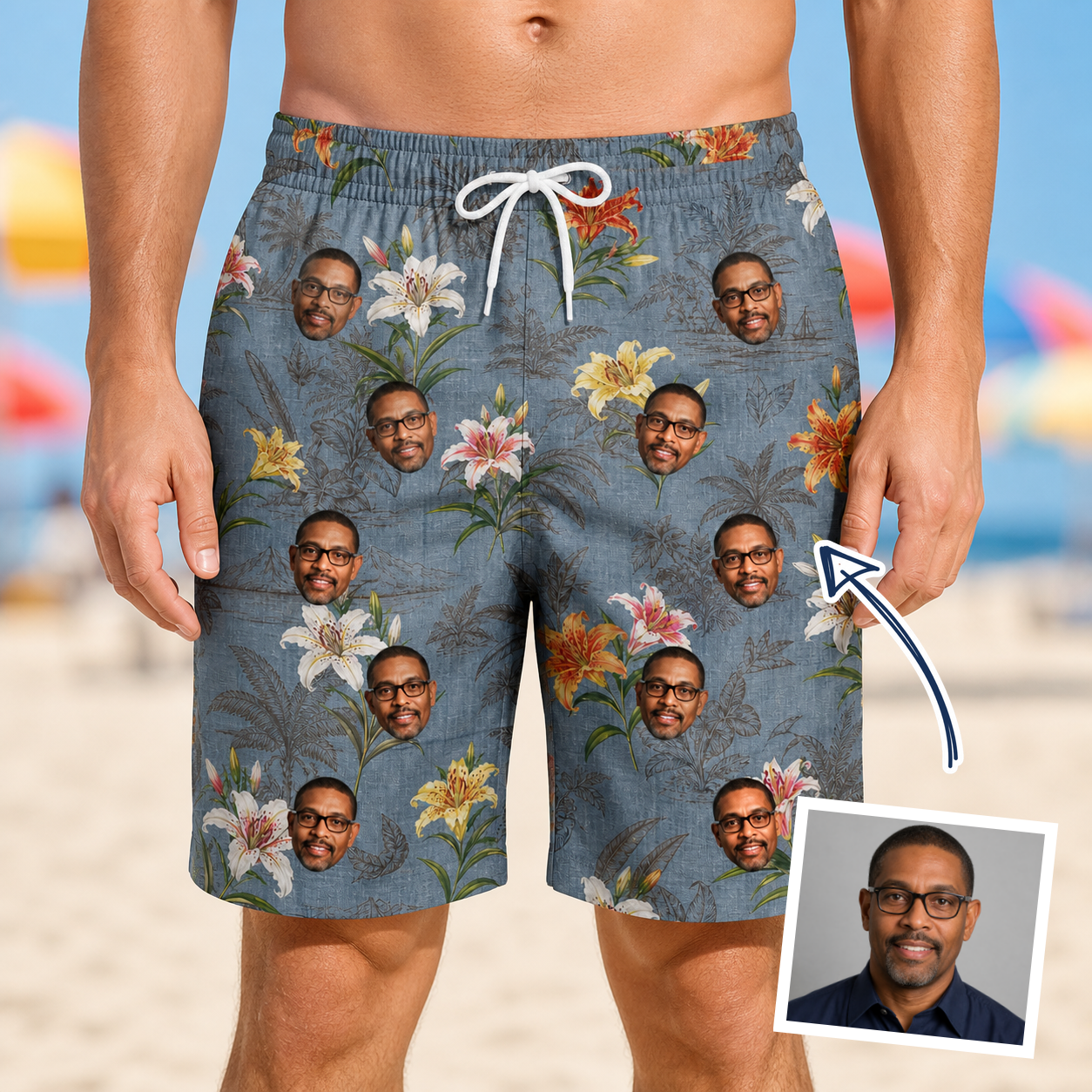 Man wearing Men's Lotus Limbo Custom Face Beach Shorts — custom faces printed all-over