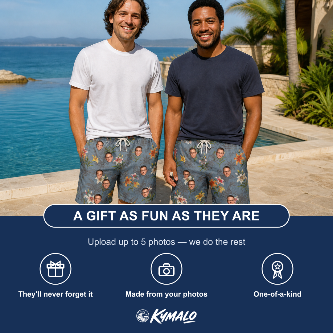 Friends in matching Men's Lotus Limbo Custom Face Beach Shorts — a group gift photo