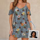 Woman wearing Women's Lotus Limbo Custom Face Off-Shoulder Dress — custom faces printed all-over