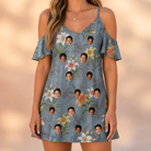 Model wearing Women's Lotus Limbo Custom Face Off-Shoulder Dress printed with kids' faces