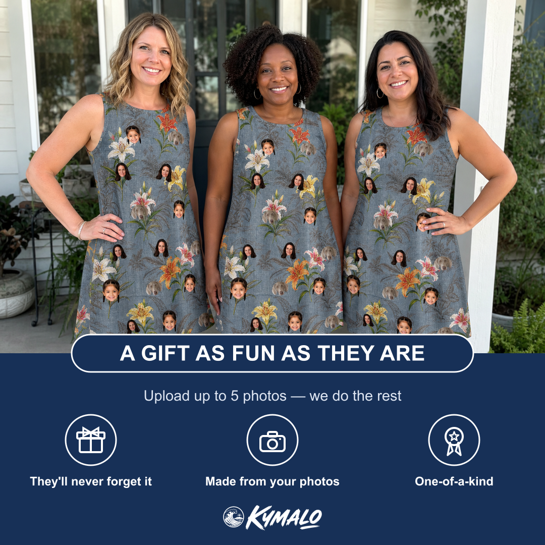 Friends in matching Women's Lotus Limbo Custom Face Tank Dress — a group gift photo