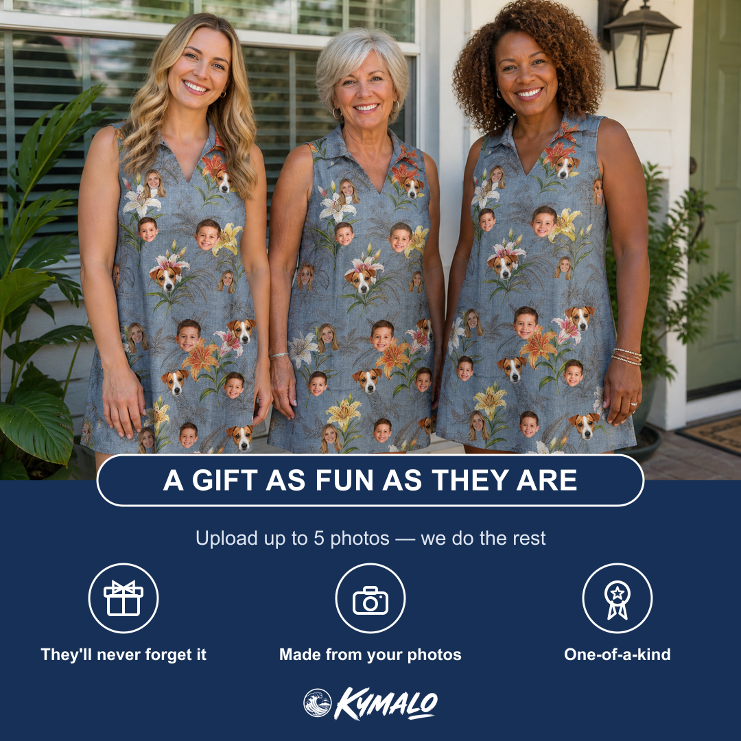 Friends in matching Women's Lotus Limbo Custom Face V-Neck Dress — a group gift photo