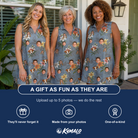 Friends in matching Women's Lotus Limbo Custom Face V-Neck Dress — a group gift photo