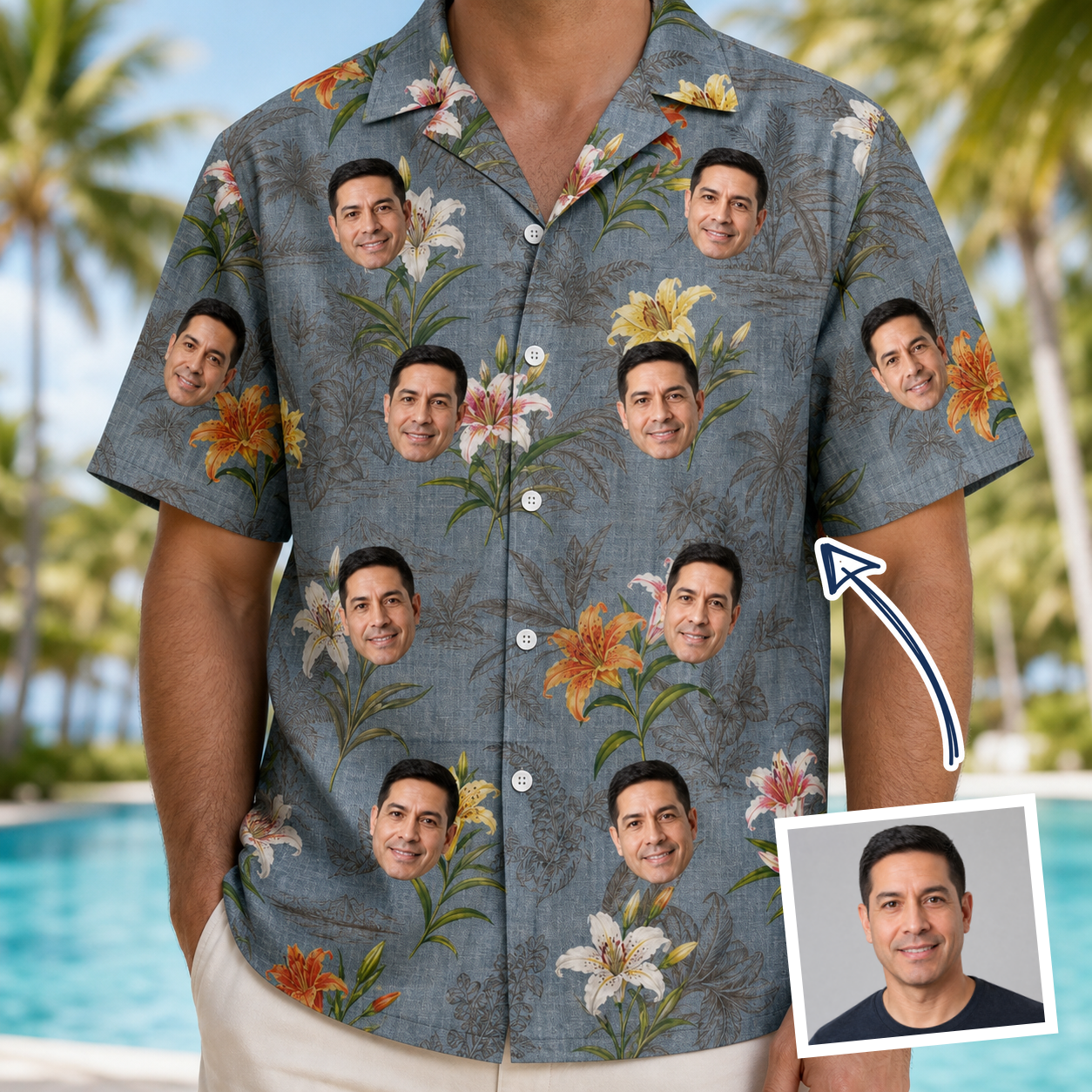 Man wearing Men's Lotus Limbo Custom Face Hawaiian Shirt — custom faces printed all-over