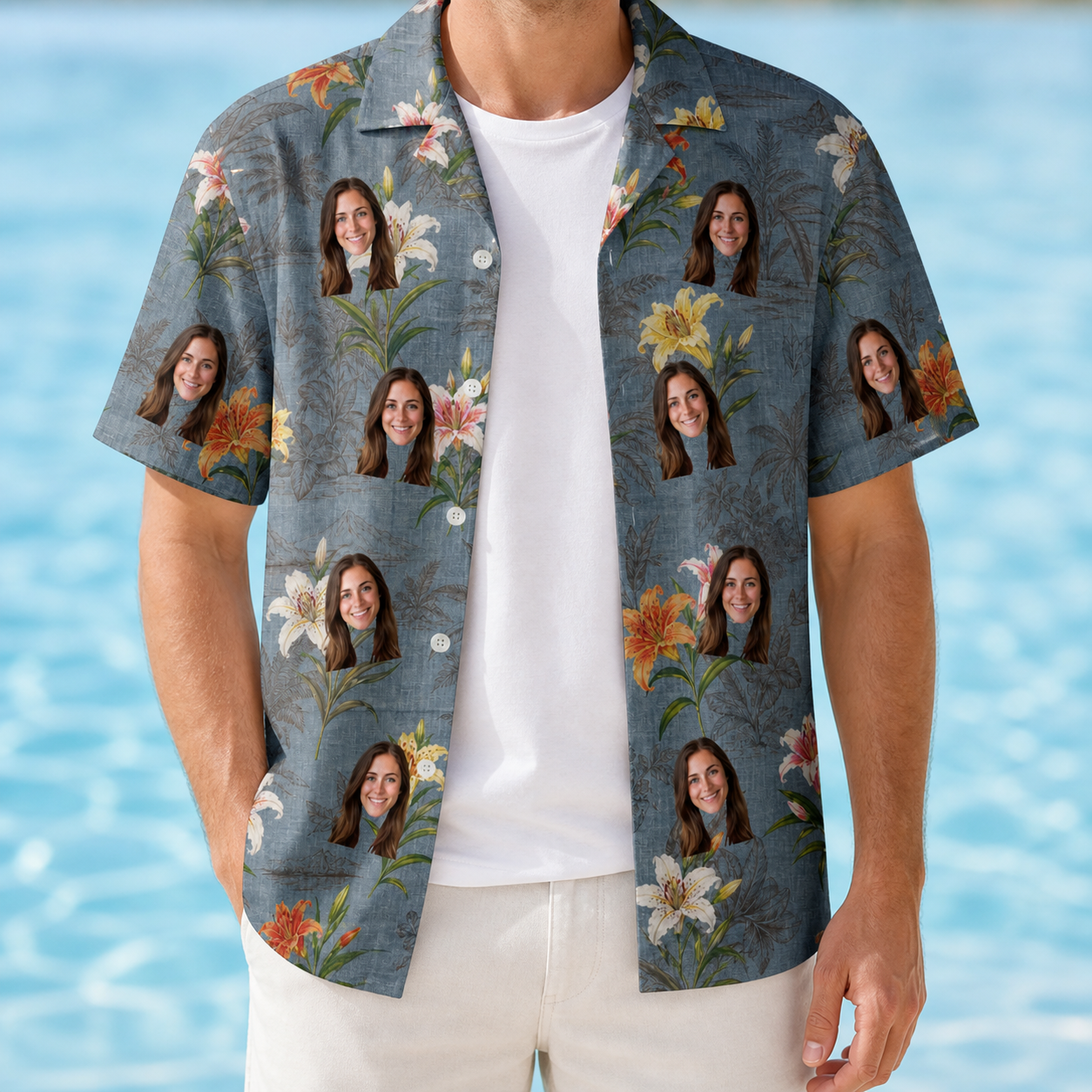 Man wearing Men's Lotus Limbo Custom Face Hawaiian Shirt open over a white tee