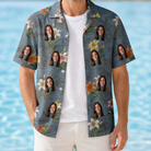 Man wearing Men's Lotus Limbo Custom Face Hawaiian Shirt open over a white tee