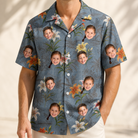 Model wearing Men's Lotus Limbo Custom Face Hawaiian Shirt printed with kids' faces