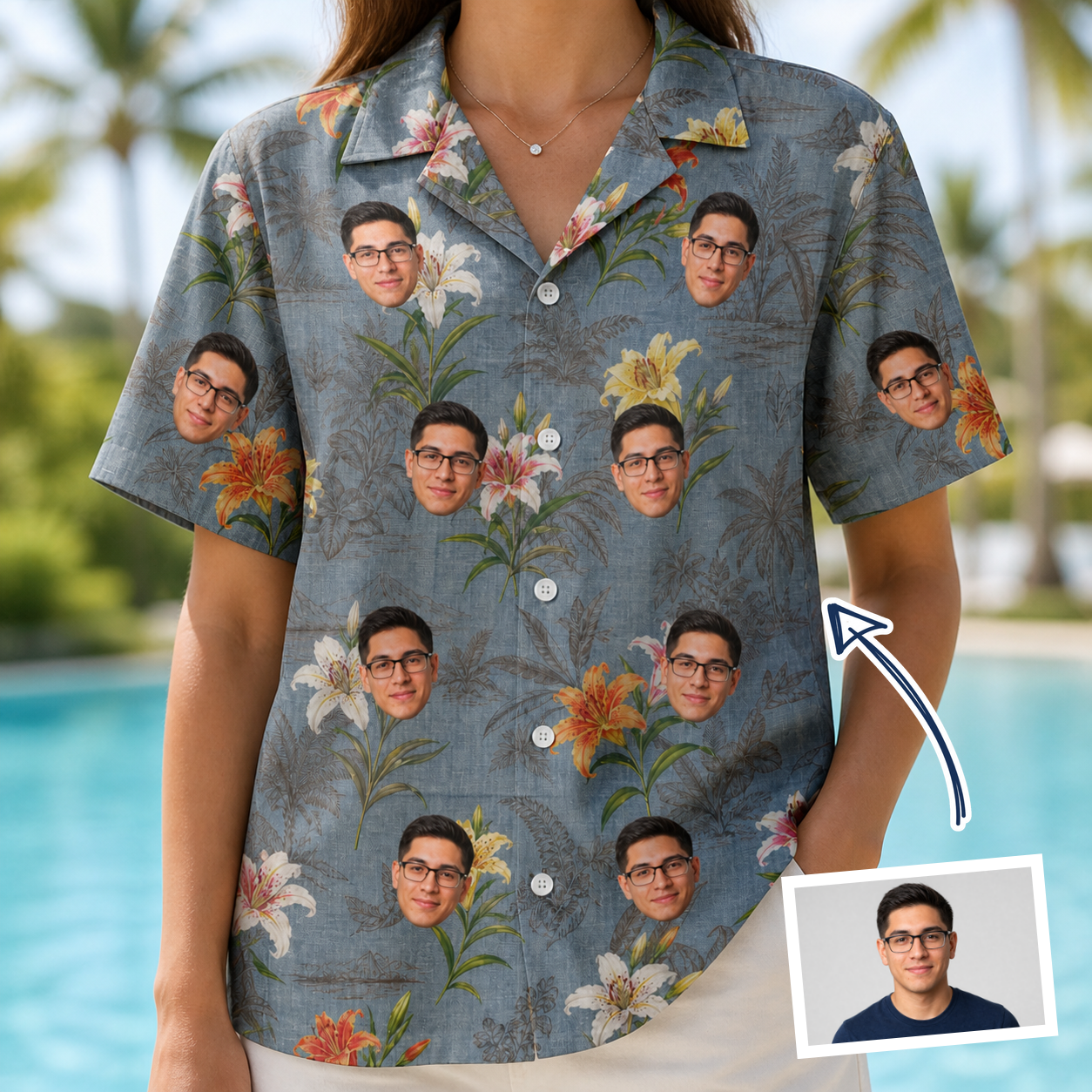 Woman wearing Women's Lotus Limbo Custom Face Hawaiian Shirt — custom faces printed all-over