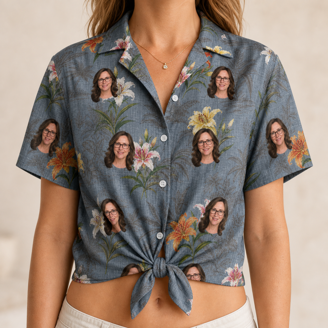 Woman wearing Women's Lotus Limbo Custom Face Hawaiian Shirt tied at the waist