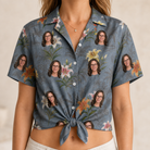 Woman wearing Women's Lotus Limbo Custom Face Hawaiian Shirt tied at the waist