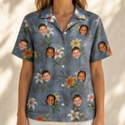 Model wearing Women's Lotus Limbo Custom Face Hawaiian Shirt printed with kids' faces