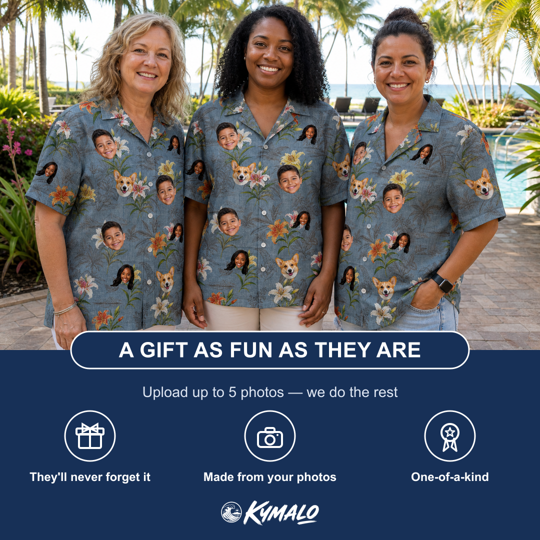 Friends in matching Women's Lotus Limbo Custom Face Hawaiian Shirt — a group gift photo