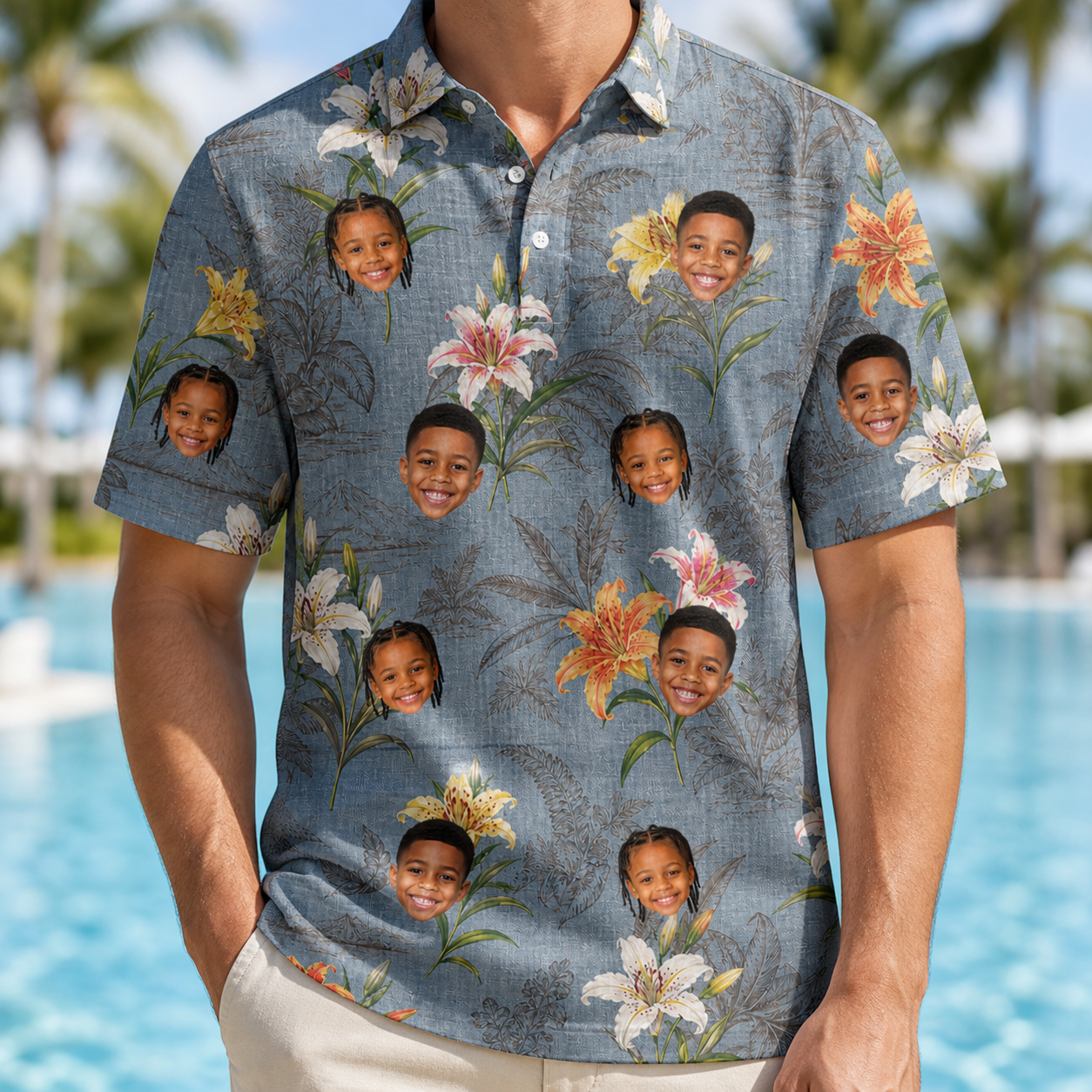 Model wearing Men's Lotus Limbo Custom Face Polo Shirt printed with kids' faces