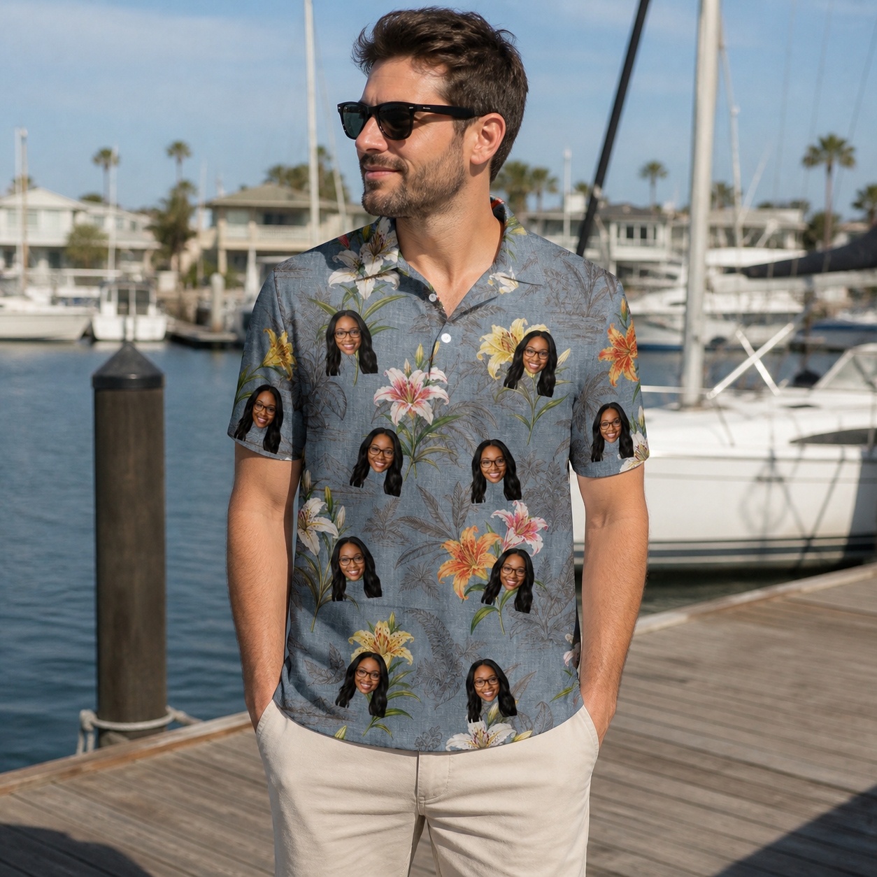 Real-life photo of someone wearing Men's Lotus Limbo Custom Face Polo Shirt — custom faces printed all-over