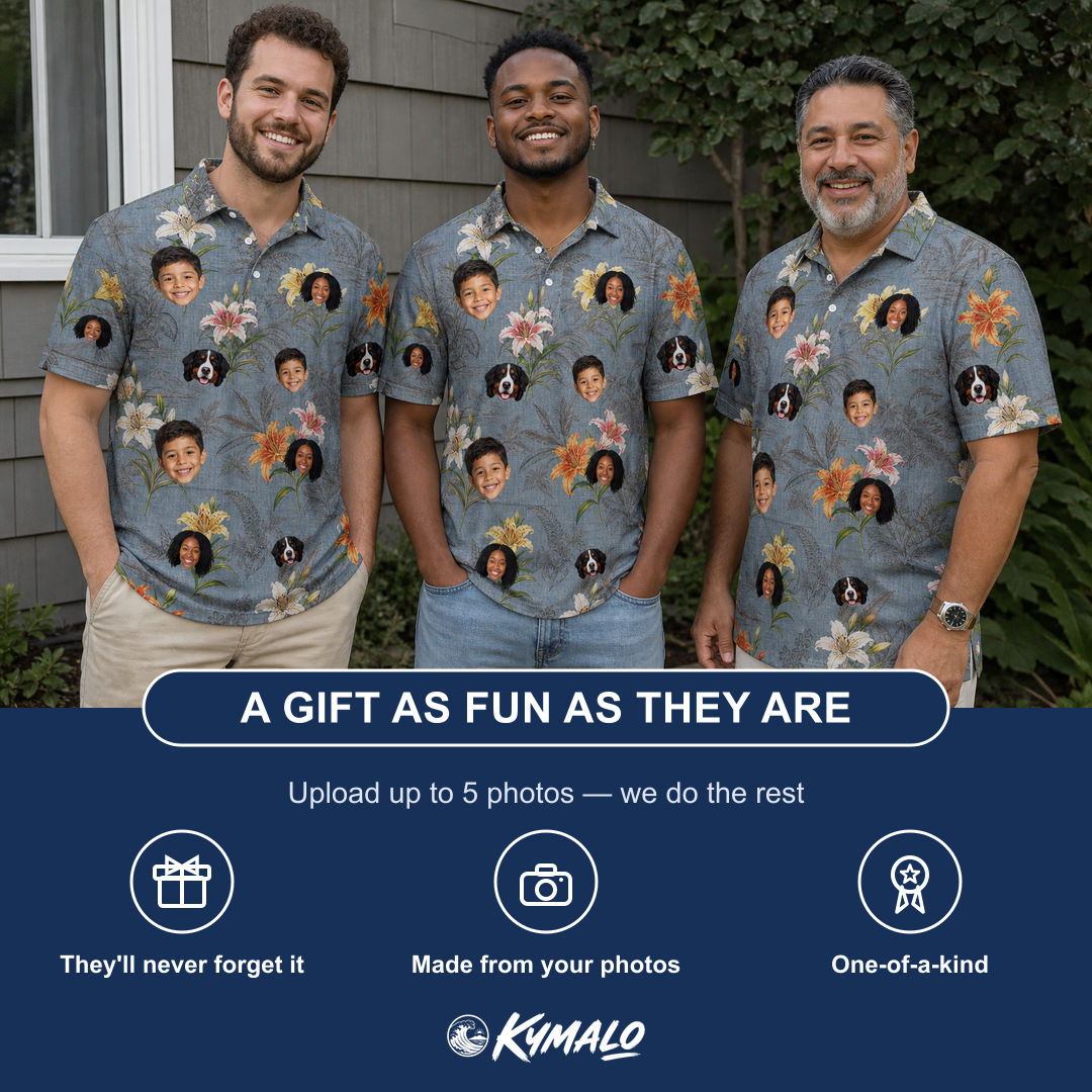 Friends in matching Men's Lotus Limbo Custom Face Polo Shirt — a group gift photo