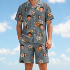 Model wearing Men's Lotus Limbo Custom Face Shirt & Shorts Set printed with kids' faces