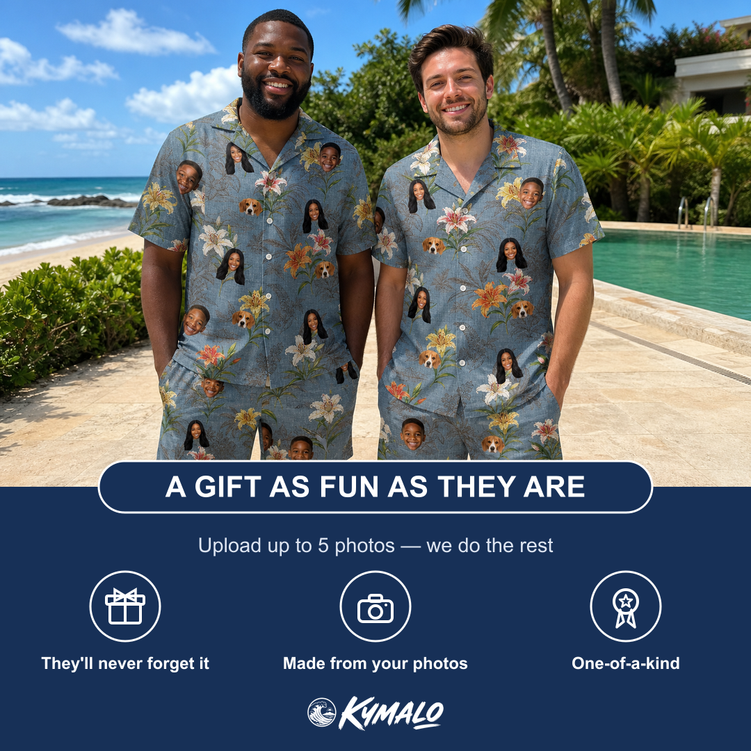 Friends in matching Men's Lotus Limbo Custom Face Shirt & Shorts Set — a group gift photo