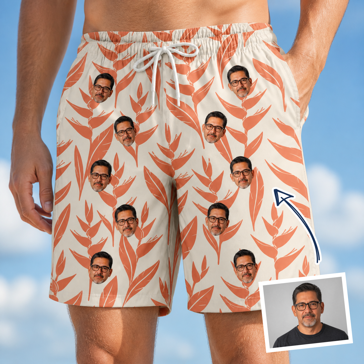 Man wearing Men's Lobster Lilt Custom Face Beach Shorts — custom faces printed all-over