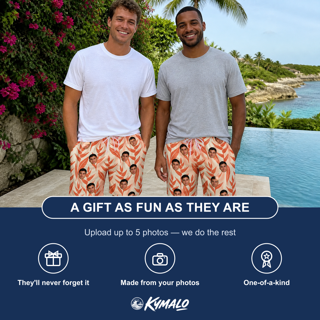 Friends in matching Men's Lobster Lilt Custom Face Beach Shorts — a group gift photo