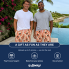 Friends in matching Men's Lobster Lilt Custom Face Beach Shorts — a group gift photo