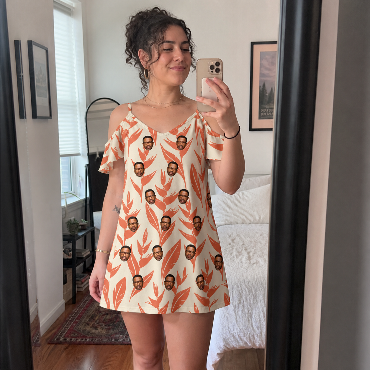 Real-life photo of someone wearing Women's Lobster Lilt Custom Face Off-Shoulder Dress — custom faces printed all-over