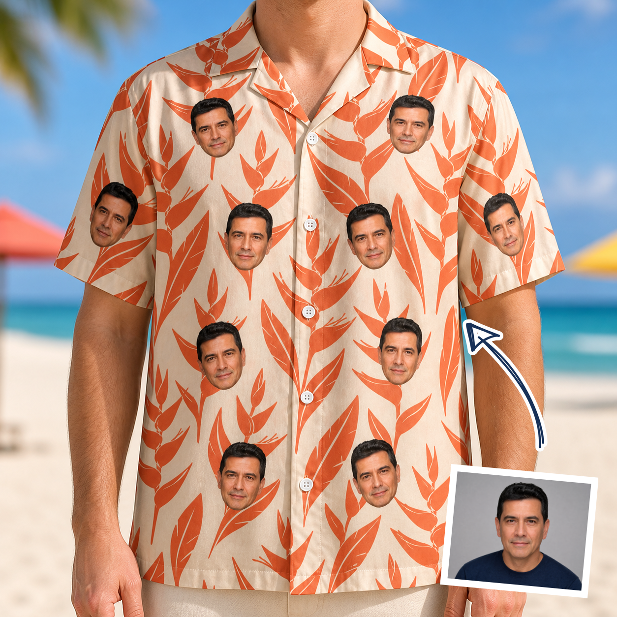 Man wearing Men's Lobster Lilt Custom Face Hawaiian Shirt — custom faces printed all-over