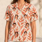 Model wearing Women's Lobster Lilt Custom Face Hawaiian Shirt printed with kids' faces