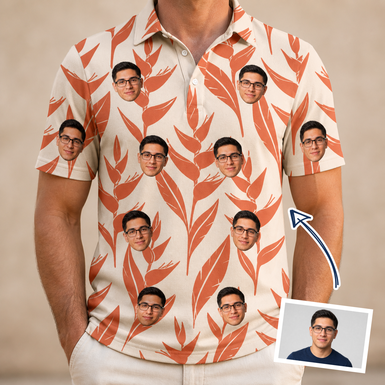 Man wearing Men's Lobster Lilt Custom Face Polo Shirt — custom faces printed all-over