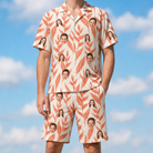 Model wearing Men's Lobster Lilt Custom Face Shirt & Shorts Set printed with kids' faces